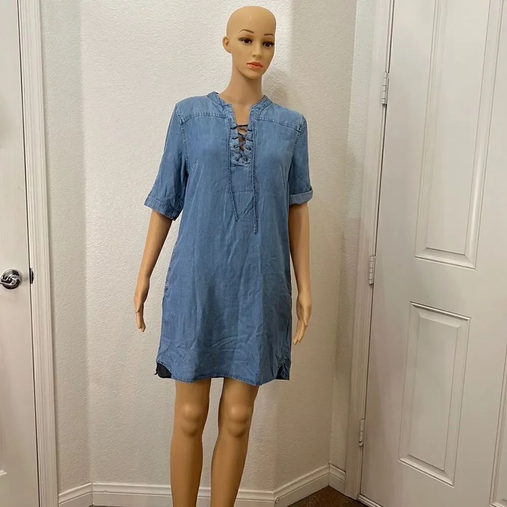 Philosophy Medium Tercel Lace Up Dress Mini Light Wash Denim 3/4 Roll Up Sleeve